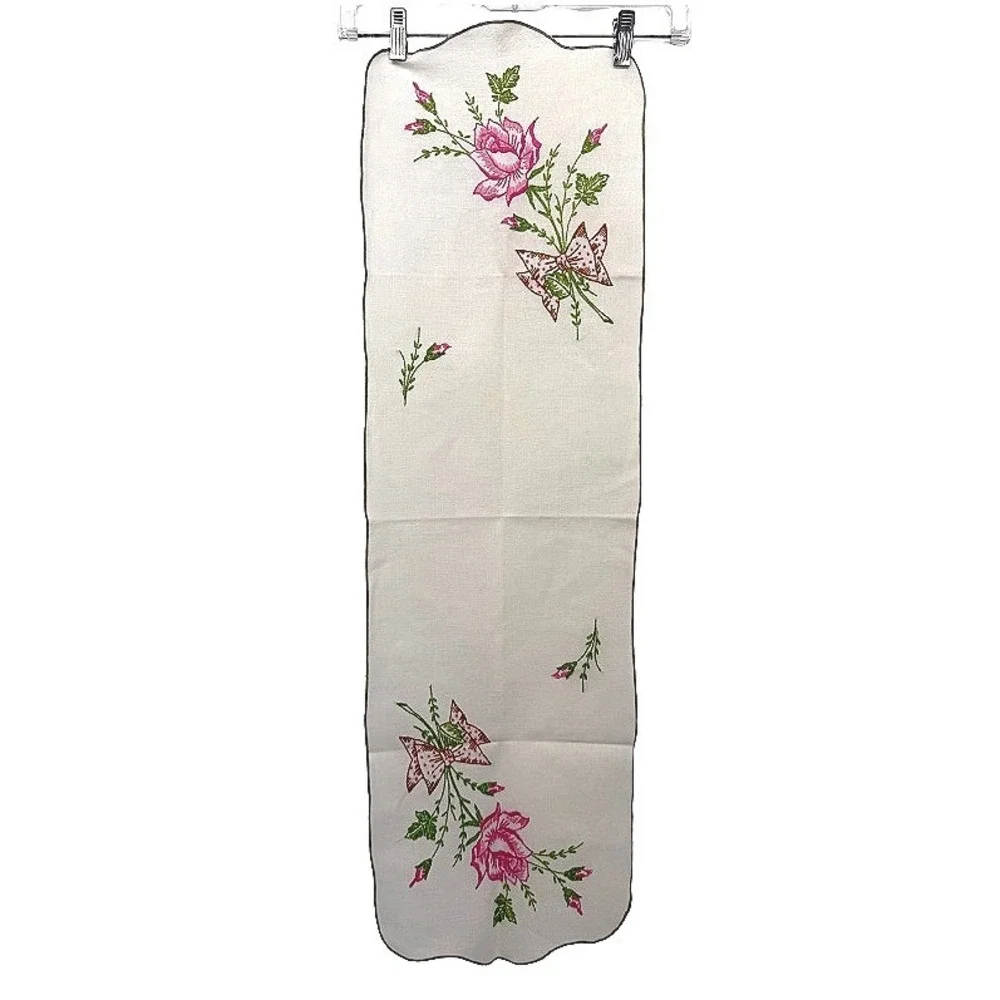 Vintage Hand Embroidered Table Runner Dresser Scarf Floral Rose Scalloped 39x11